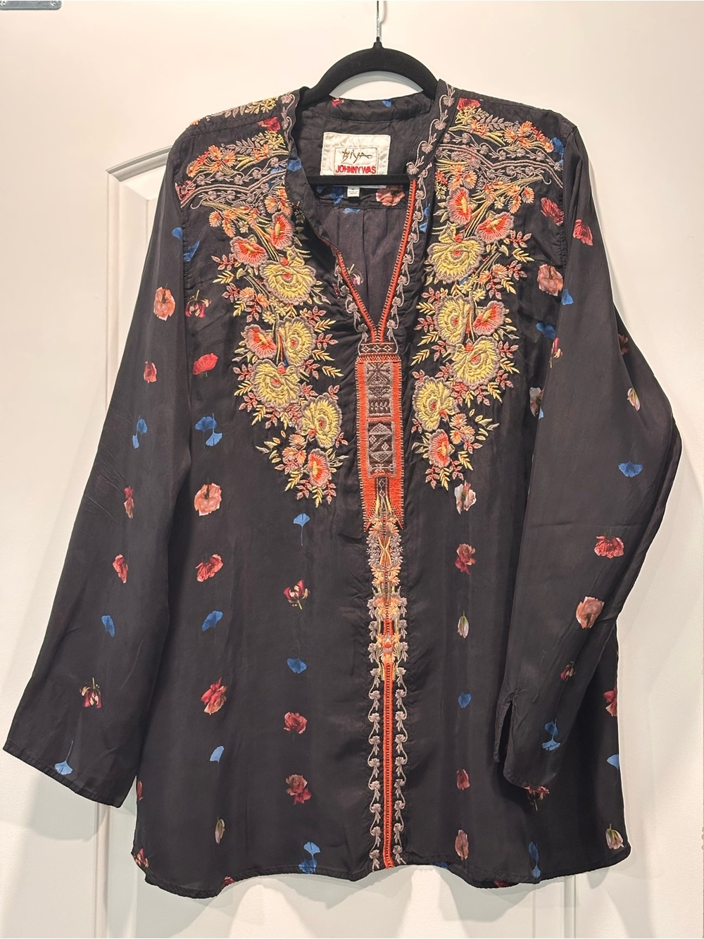 Johnny Was Black Tunic with Yellow and Orange Floral Embroidery